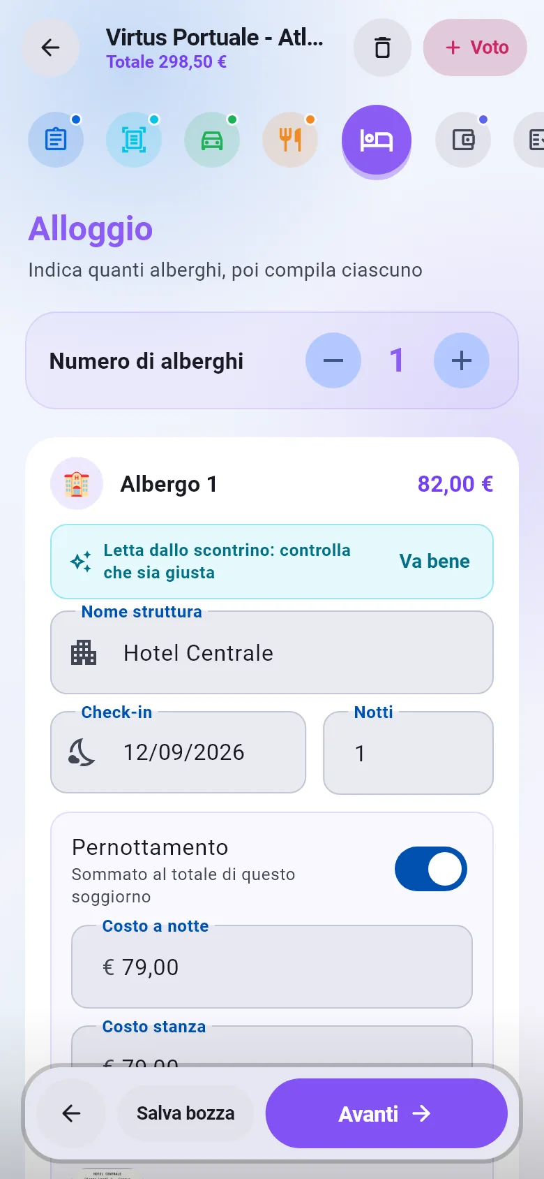 La fase Alloggio: Hotel Centrale, check-in il 12 settembre, una notte da 79 euro, con l'interruttore del pernottamento acceso.