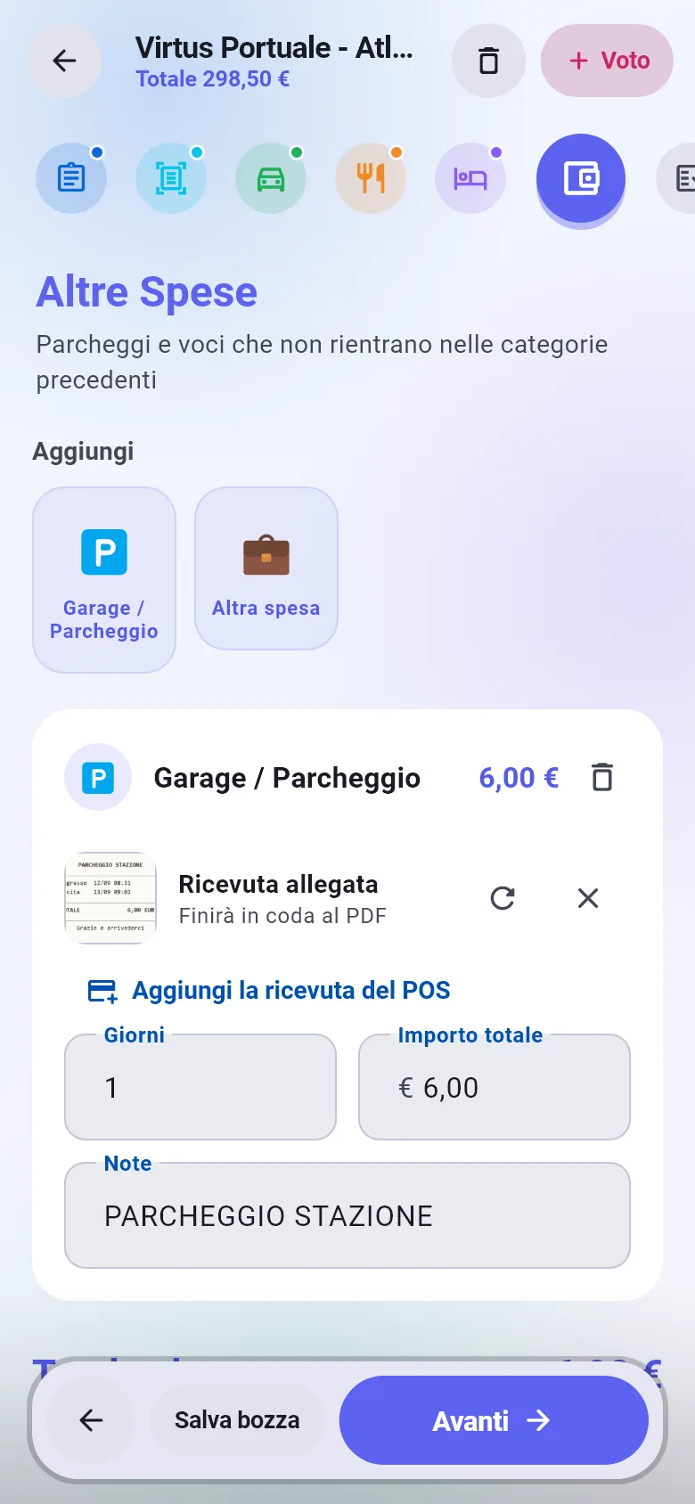 La fase Altre spese: un parcheggio da 6 euro per un giorno, con la ricevuta allegata e il pulsante per aggiungere la ricevuta del POS.