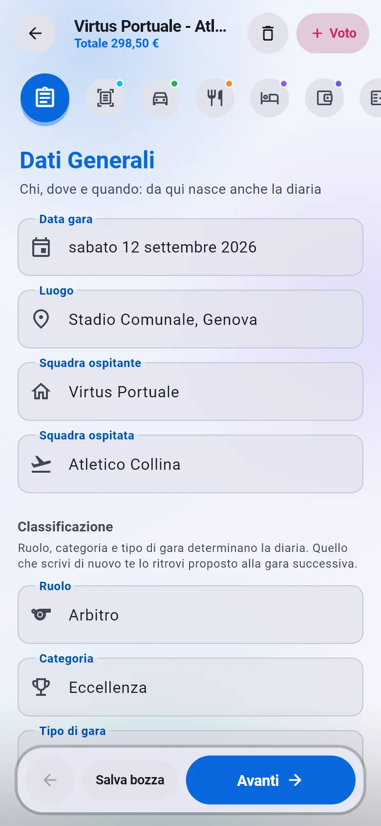 La fase Dati generali della gara d'esempio: sabato 12 settembre 2026, Stadio Comunale di Genova, Virtus Portuale contro Atletico Collina; sotto, ruolo Arbitro e categoria Eccellenza.