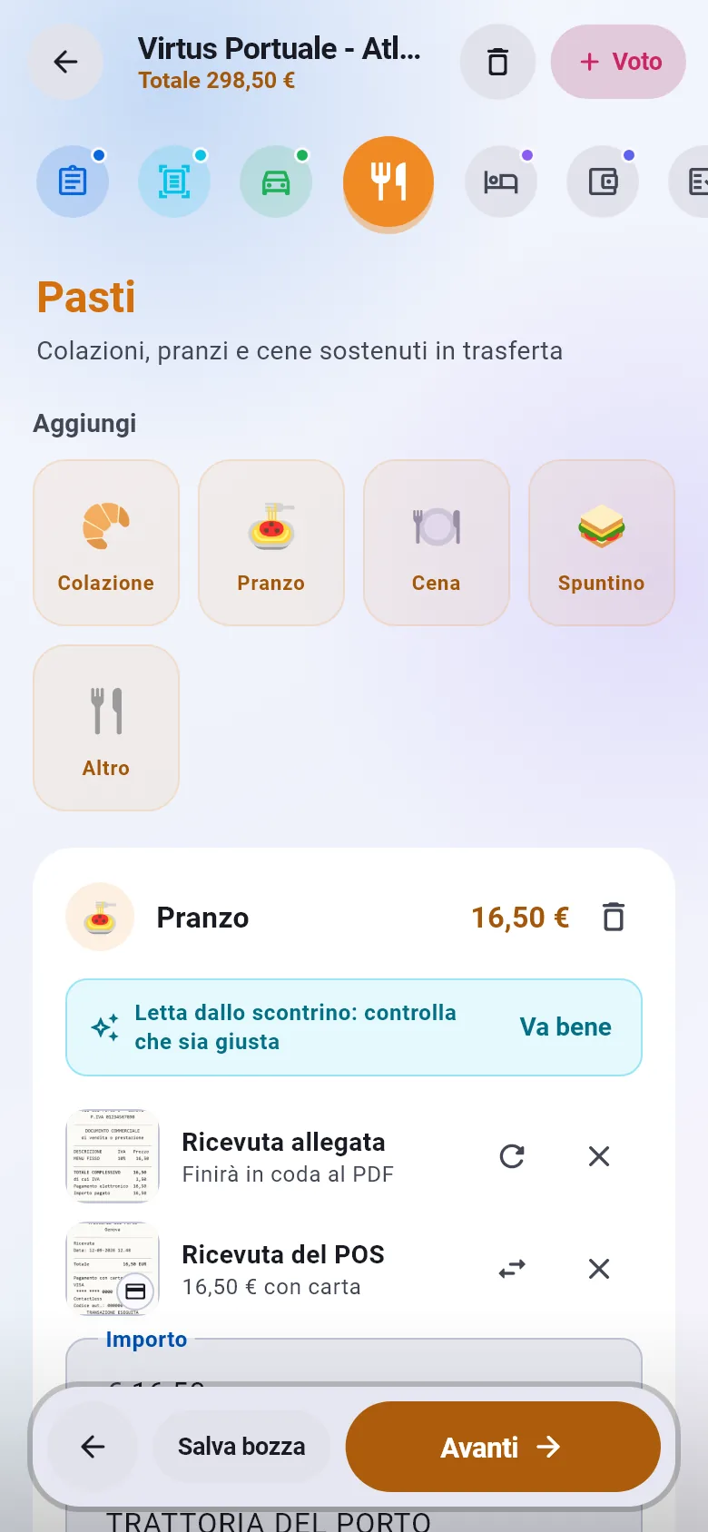La fase Pasti: il pranzo da 16,50 euro letto dallo scontrino, da confermare, con la ricevuta allegata e la ricevuta del POS pagata con carta.