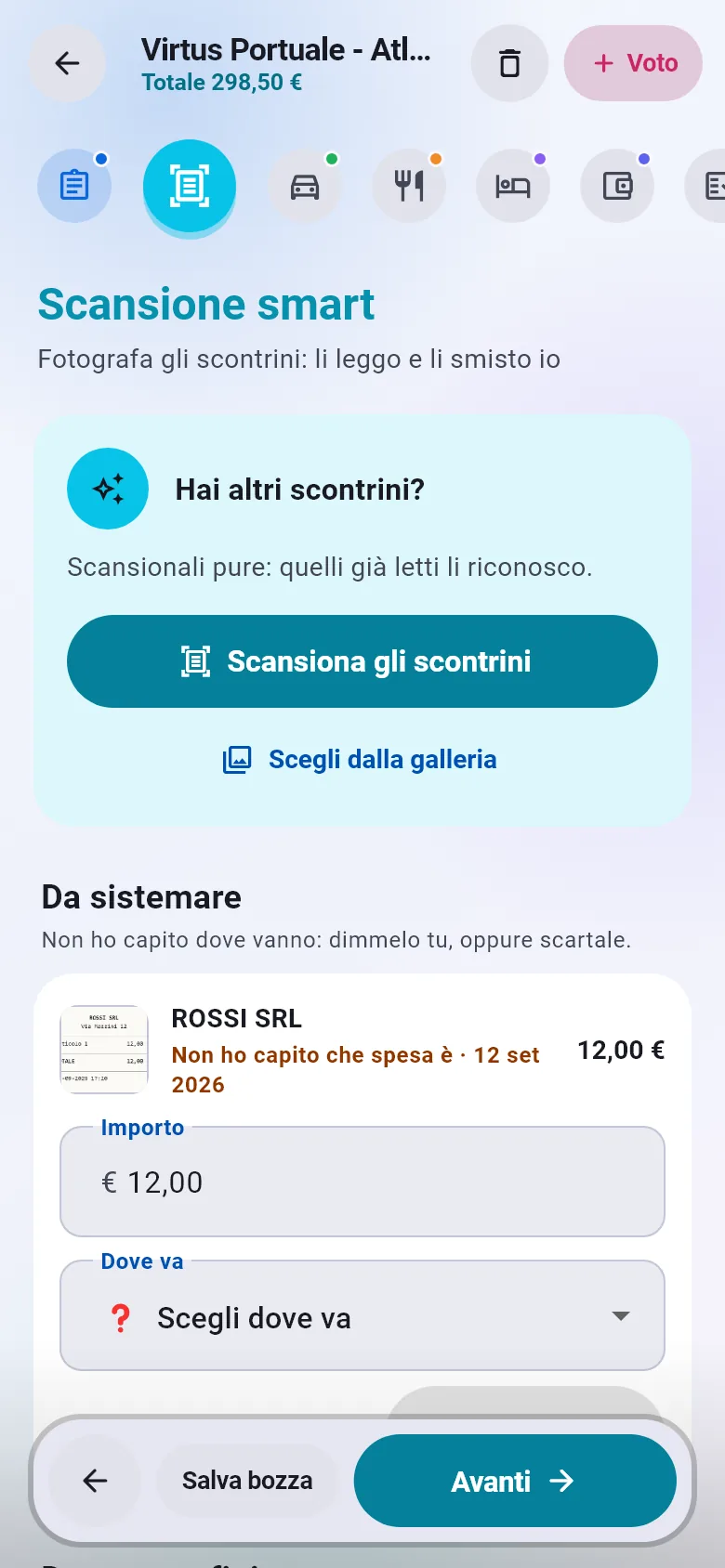 La fase Scansione smart: il pulsante Scansiona gli scontrini e, sotto, uno scontrino da sistemare, ROSSI SRL da 12 euro, di cui l'app non ha capito la spesa.