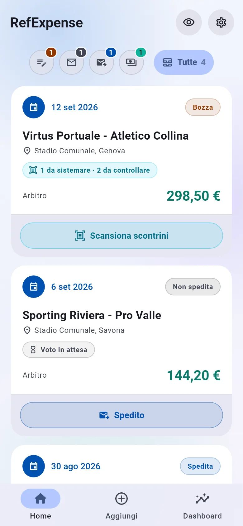 La schermata iniziale di RefExpense: la gara del 12 settembre, Virtus Portuale - Atletico Collina, in bozza per 298,50 euro, con il pulsante Scansiona scontrini; sotto, le gare chiuse prima.